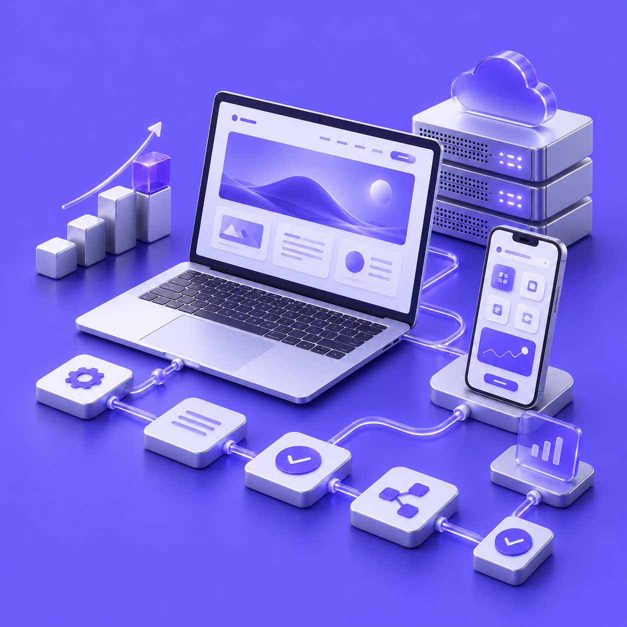 Connected website, mobile app, hosting servers, and automated workflows, with ascending blocks representing business growth.